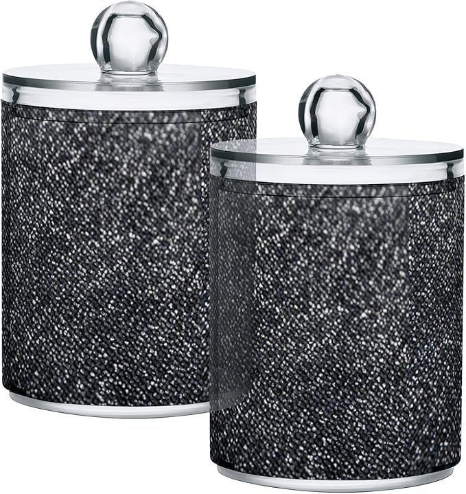 ALAZA 2 Pack Qtip Holder Dispenser Sequin-Black Glitter Bathroom Organizer Canisters for Cotton Balls/Swabs/Pads/Floss,Plastic Apothecary Jars for Vanity