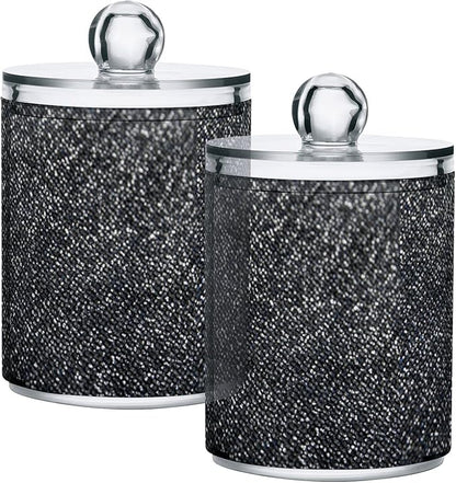 ALAZA 2 Pack Qtip Holder Dispenser Sequin-Black Glitter Bathroom Organizer Canisters for Cotton Balls/Swabs/Pads/Floss,Plastic Apothecary Jars for Vanity