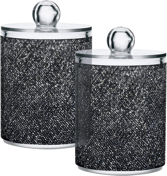 ALAZA 2 Pack Qtip Holder Dispenser Sequin-Black Glitter Bathroom Organizer Canisters for Cotton Balls/Swabs/Pads/Floss,Plastic Apothecary Jars for Vanity