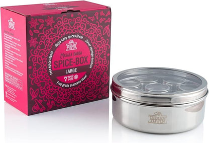 Indian-Tiffin Masala Dabba – Airtight Spice Container – Food Grade Stainless Steel – with Spice Labels & Spoon (Large (20cm), Clear Lid Top & Clear Lids on Inner Pots)
