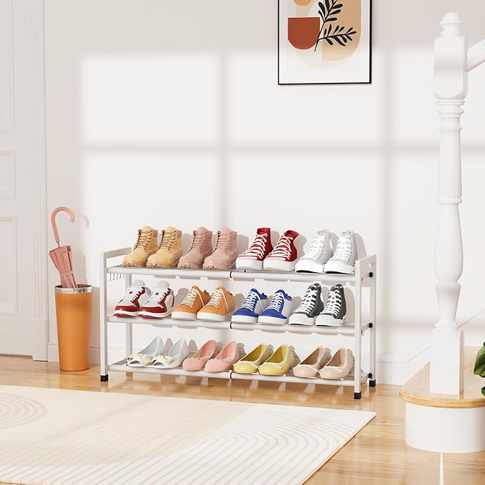 Expandable Shoe Rack for Closet Adjustable Metal Shoe Rack for Entryway 18.5"-33" Free Standing Shoe Organizer 12 Pairs with Hooks 3-Tier Small Shoe Shelf for Bedroom Garage Dorm Floor, White