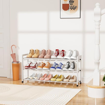 Expandable Shoe Rack for Closet Adjustable Metal Shoe Rack for Entryway 18.5"-33" Free Standing Shoe Organizer 12 Pairs with Hooks 3-Tier Small Shoe Shelf for Bedroom Garage Dorm Floor, White