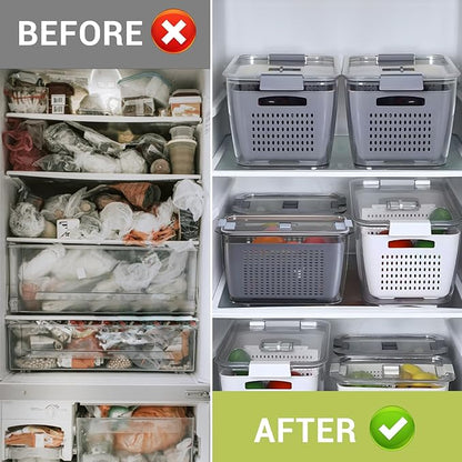 Fresh Fruit Vegetable Storage Containers, 3 Pack Produce Saver Container for Fridge with Lids &Removable Colander BPA-Free Refrigerator organizer for Fruit, Veggie Berry, Meat Keep Fresh Longer- Grey