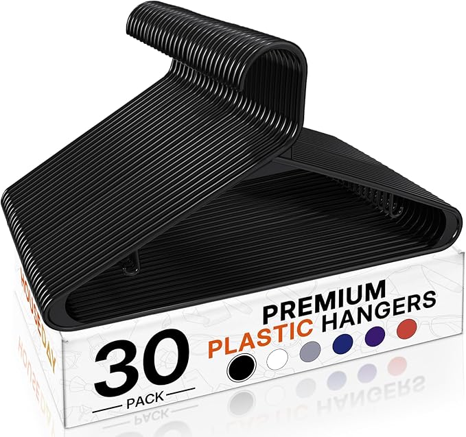 HOUSE DAY Black Plastic Hangers 30 Pack, Plastic Clothes Hangers with Built-in Strap Hooks, Space Saving Slim Hanger for Closet Organizers and Storage, Durable Clothing Hanger for Shirts Blouses Tops
