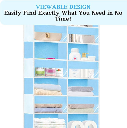 Over The Door Organizer 6 Tiers, Extra Large Behind Door Storage of 12 Compartments, 80 lbs Weight Capacity Hanging Storage Organizer with Clear Window Kids Toys,Shoes,Diapers,Room Storage,Blue