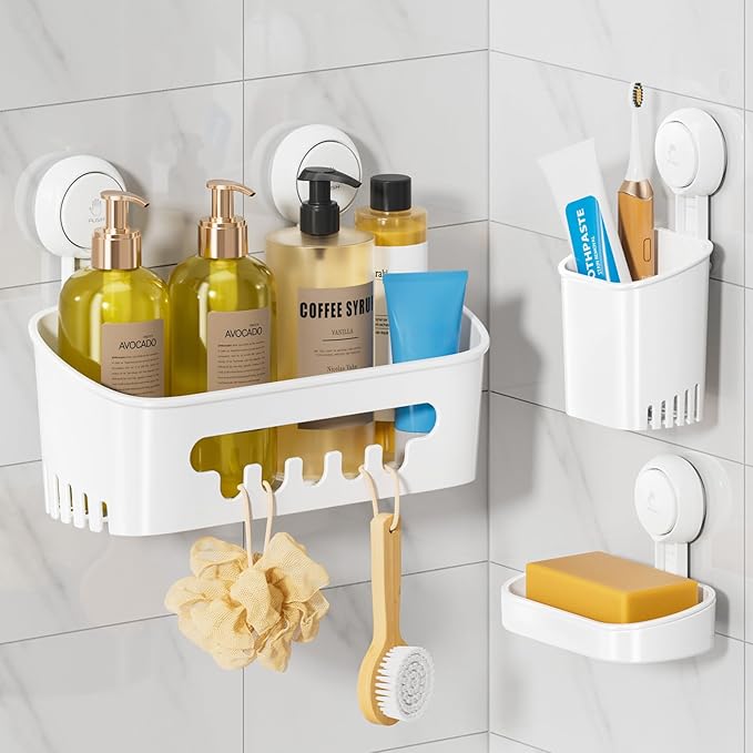 LEVERLOC Shower Caddy Suction Cup Set Shower Organizer & Soap Holder & Toothbrush Holder, Bathroom Shelf Basket NO-Drilling, Removable Suction Storage Waterproof Bathroom Caddy, White