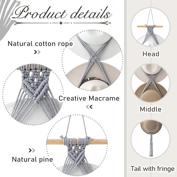 Yulejo Macrame Hat Hangers Boho Hat Rack Cowboy Hat Hanger Back of Door Hat Organizer (Gray,Four Hats Style)