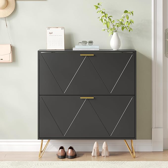 Shoe Storage Cabinet with 2 Flip Drawers, Shoe Cabinet Storage Entryway Slim, Black Narrow Shoe Cabinet w/Gold Handles & Metal Legs, Hidden Freestanding Shoe Organizer for Hallway