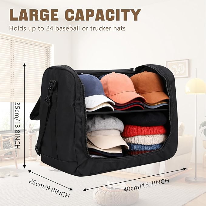 Gugxiom Large Hat Bag for Baseball Caps, Portable Hat Carrier Holder Case for 24 Caps，Black Hat Storage Bag for Travel,Business Trips，Home Organisation and Moving House