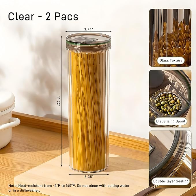 11-Inch Tall Airtight Spaghetti Container - Clear Pasta Holder Organizer for Kitchen Pantry, Fits Full-Length Noodles, Coffee Beans, Rice, Dry Foods (48oz, 2 Pcs)