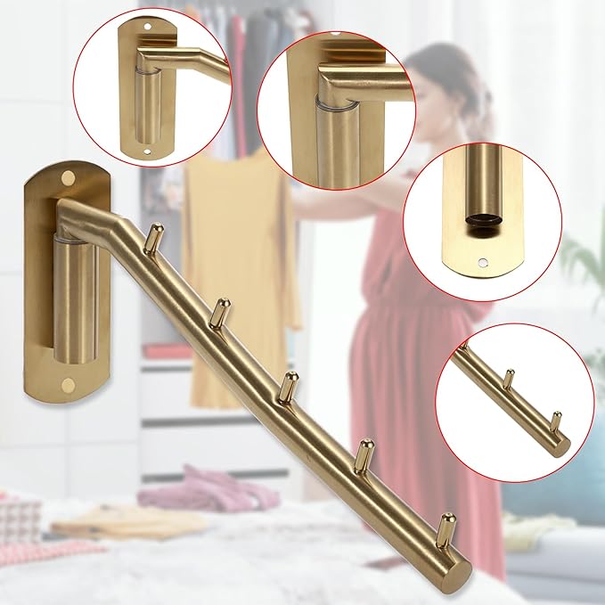 Sumnacon Stainless 2 Pcs Steel Clothes Hanger Rack-Wall Mount Garment Hook with Swing Arm, Sturdy Coat Robe Storage Organizer for Laundry Room Bedrooms Clothing Drying Rack with 5 Hooks, Gold