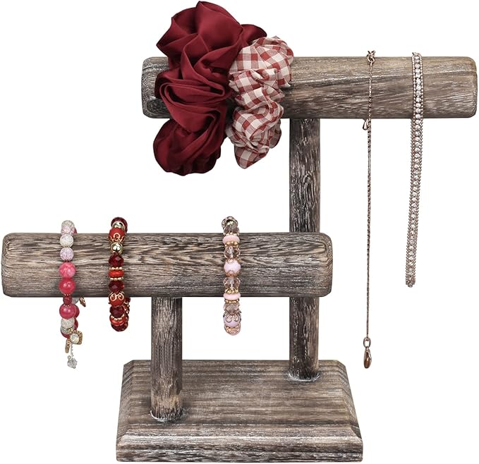 MOOCA 2 Pcs 2- Tier Space Saving Wooden Bracelet Holder Stand, Bracelet Display Stand For Selling, Watch Display, Free assembly, Coffee Color