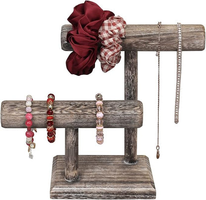 MOOCA 2 Pcs 2- Tier Space Saving Wooden Bracelet Holder Stand, Bracelet Display Stand For Selling, Watch Display, Free assembly, Coffee Color