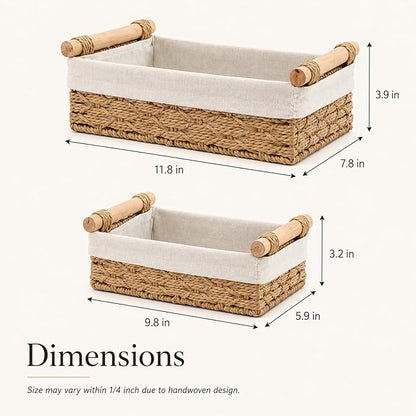 Wicker Bathroom Baskets Set of 2 with Linen Liner & Wooden Handles – Paper Rope Storage Baskets for Shelves, Bathroom Counter, Vanity & Farmhouse Décor