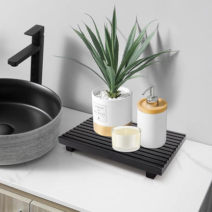 Black Wood Riser Display Stand for Bathroom Organizer Tray Kitchen Counter Decor Sink Accessories Decorative Wooden Pedestal for Kitchen Soap Tray Vanity Bathroom Counter Decor Dish Soap Holder