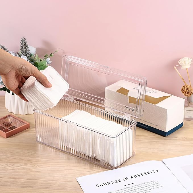 Plastic Clean Pads Holder Rectangular Pad Dispenser for Makeup Desktop Organizer with Lid for Bathroom Vanity