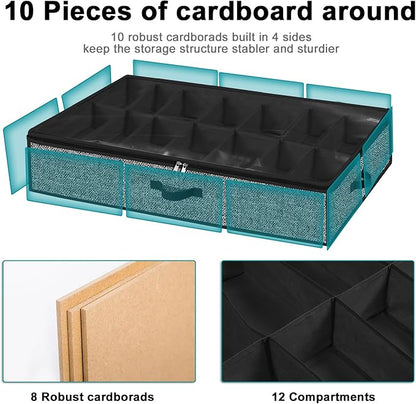 Under Bed Shoe Storage Organizer for Closet 2 Pack- Fits 28 Pairs Underbed Shoes Container Boxes with 2 Sturdy Handles and Clear Window Black
