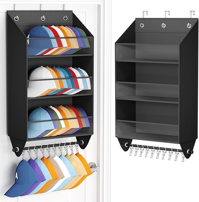 Homsorout Over the Door Hat Rack - 3-Layer Design Hat Organizer Holds 30-36 Hats with 10 Hooks, Ideal Hat Rack for Door, Over the Door Organizer for Closet, Apartment, Bedroom, Dorm, 1 Pack, Black