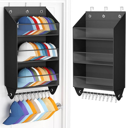 Homsorout Over the Door Hat Rack - 3-Layer Design Hat Organizer Holds 30-36 Hats with 10 Hooks, Ideal Hat Rack for Door, Over the Door Organizer for Closet, Apartment, Bedroom, Dorm, 1 Pack, Black