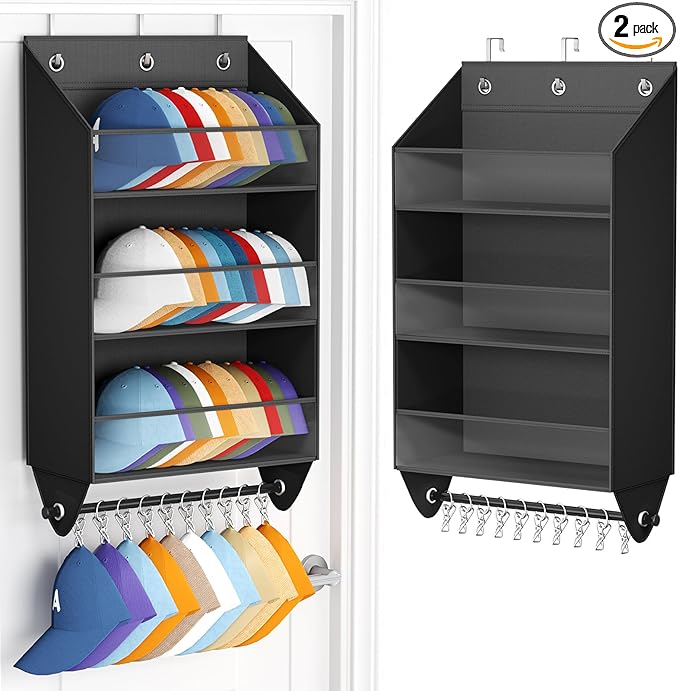 Homsorout Over the Door Hat Rack - 3-Layer Design Hat Organizer Holds 30-36 Hats with 10 Hooks, Ideal Hat Rack for Door, Over the Door Organizer for Closet, Apartment, Bedroom, Dorm, 2 Pack, Black