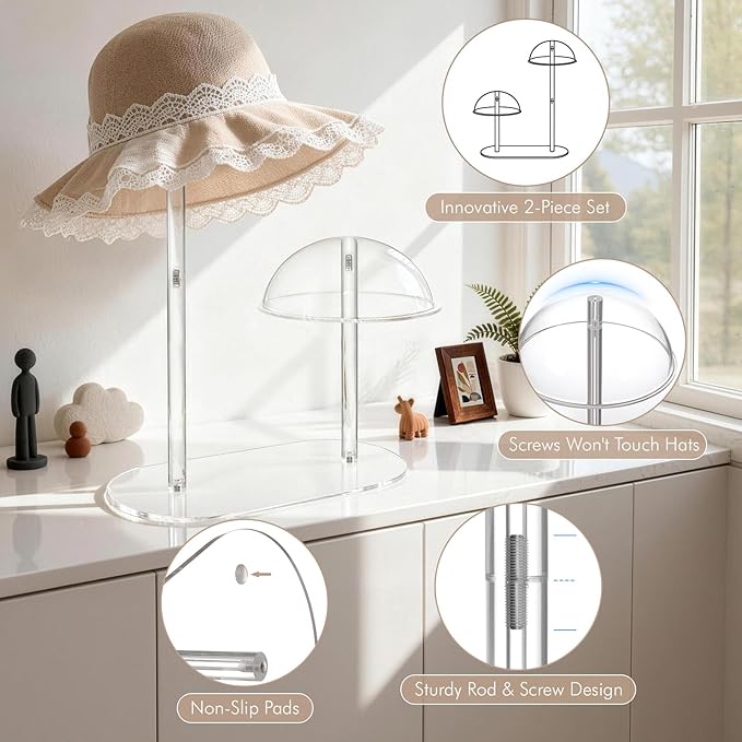 Hat Display Stand with Clear Acrylic Dual-Rod Dome Support, 2-Tier Desktop Holder for Baseball Caps, Cowboy Hats & Wigs, Modern Organizer for Bedroom, Closet or Retail Use