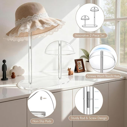 Hat Display Stand with Clear Acrylic Dual-Rod Dome Support, 2-Tier Desktop Holder for Baseball Caps, Cowboy Hats & Wigs, Modern Organizer for Bedroom, Closet or Retail Use