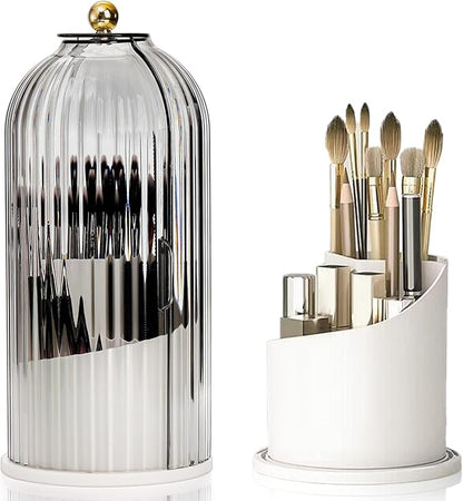 Eorbow Makeup Brush Holder Organizer with Lids, 360°Rotating Clear Dustproof Make Up Brush Container Box, Vanity Spinning Cosmetic Tools Storage Cup for Desktop Office Bathroom Countertop
