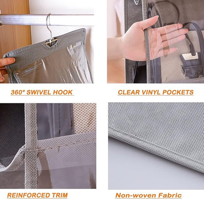 Purse Organizer for Closet - Handbag Hanging Purse Storage and Organizers with Hook, Over Door Bags Holder Hanger, 8 Large Clear Waterproof Pockets, Space Saving, for Dorm, Bedroom, Wardrobe