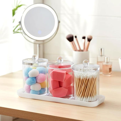 Amazing Abby - Catalina - Clear Acrylic Bathroom Canister with White Tray (4-Piece Set), Plastic Apothecary Jars with Lids, Bathroom Organizers for Q-tips, Cotton Balls, Floss Picks, Sponges, and More