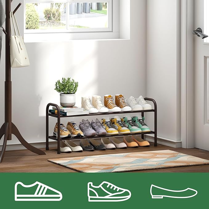 kiplant Expandable Shoe Rack, 2-Tier Shoe Shelf for Closet, Adjustable Length Shoe Shelf Storage Organizer, Standing Shoe Rack for Entryway
