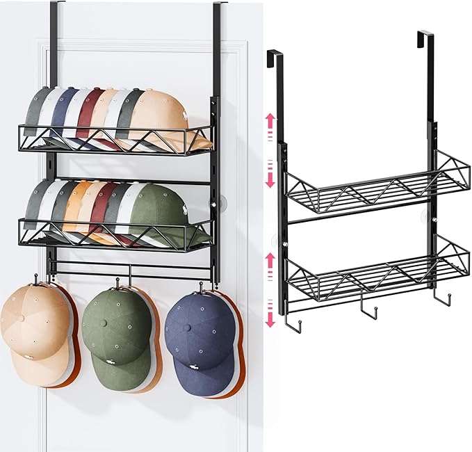 SWTYMIKI Over Door Hat Organizer - 3 Tier Wall Mounted Hat Rack with 2 Adjustable Metal Basket and 3 Hooks, Hanging Baseball Cap Organizer Storage Holds up to 29 Caps for Door, Bedroom, Closet