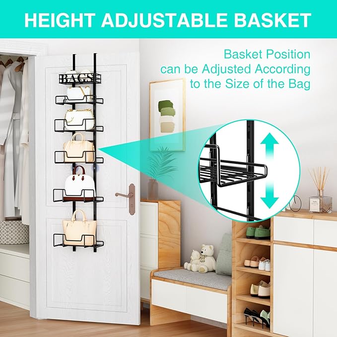 HapiRm Over Door Purse Organizer - Adjustable Purse Storage Rack with Bags Design Metal Basket, Wall Mounted Handbag Organizer, Hanging Handbag Holder, Can Use As 1/2 Part Detachable