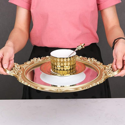 YANIZU Decorative Mirror Tray, Round with Handles, Organizer for Perfume, Makeup, Jewelry, Vintage Display and Serving Tray for Dresser, Counter and Coffee Table, 15.8" x 13", Gold