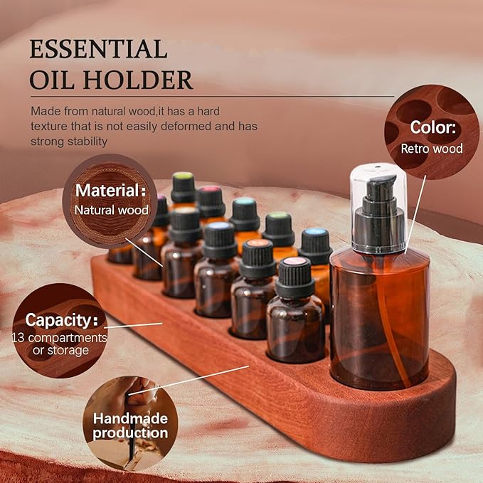Wooden Essential Oil Holder with 13 Holes (3cmx12 & 5cmx1), Retro Desktop Display Rack for Bathroom Vanity Desk Organizer