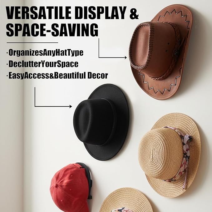 2 Pack Adjustable Cowboy Hat Rack Holder, Wooden Cowboy Hat Wall Mount Stand for Wall Can Keeps Original Shape of Hat, 4-Speed Adjustable Western Hat Display for Fedoras Hat Cowboy Hat Sun Hats