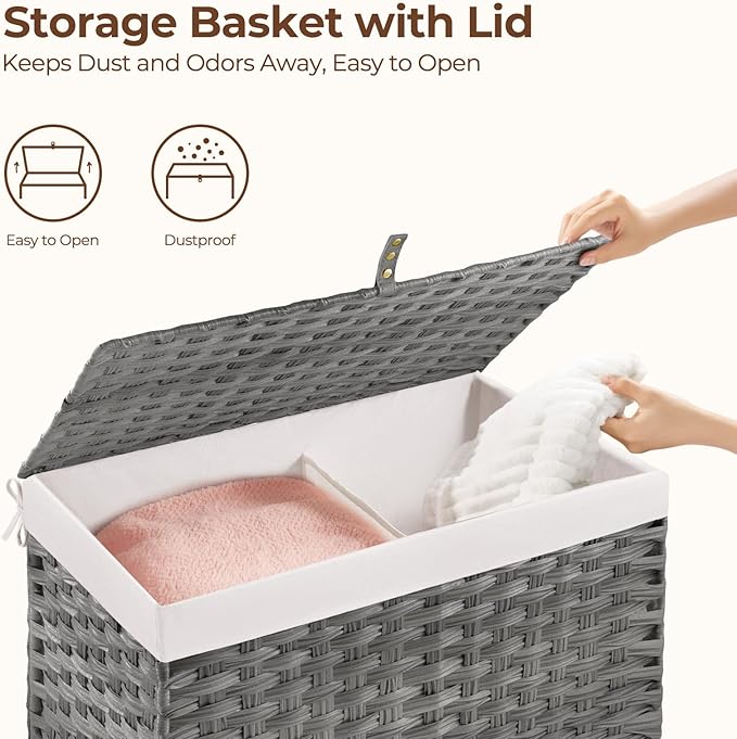 GREENSTELL Storage Basket with Lid, 27.7 Gallon(105L) Lagre Wicker Blanket Storage Basket with Handles, Foldable, 2 Removable Liner Bags, Metal Frame, for Bedroom, Laundry Room, Grey,25.6"*15.7"*15.7"