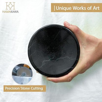 Natural Marble Soap Dish, Round Black Jewelry Dish 4.5 inch, Limestone Shower Soap Holder, Modern Stone Sponge Holder with White Stripe, Obsidian Bar Soap Saver Tray for Bathroom, Kitchen