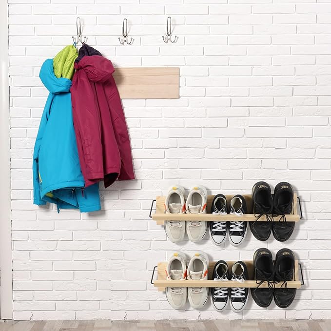 Mifoci 2 Pcs Wall Mounted Shoe Rack Organizer Wooden Modern Compact Wall Space Saving Shoe Holder Storage for Sneaker Footwear Slipper Boots Entryway Narrow Spaces Hallway(28.35'' Long)