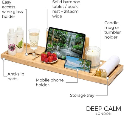 Deep Calm Bathtub Tray Caddy - Bamboo Foldable Bath Tub Table, Expandable Bath Tray Holds All Bathtub Accessories, Perfect Luxury Relaxing Gift for Self Care