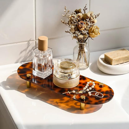 Tortoiseshell Vanity Tray Decorative Acrylic Vanity Tray with Gold Metal Legs 11x4.3x1.4 Inches Tortoise Bathroom Accessories Vintage Organizer for Counter Decor