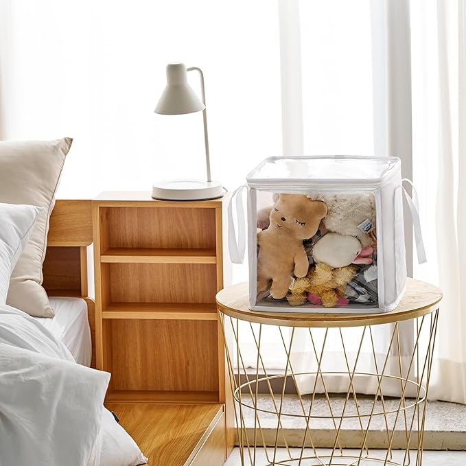 holay 2 Pack Foldable PVC Storage Bins with Transparent Lid & Handles, Large 12-Inch Cube Organizer Boxes for Clothes, Toys & Books (White, Large)