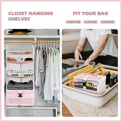 Surblue Hanging Closet Storage Bag Collapsible 3-Shelf Washable Oxford Fabric with 2 Hooks (L 11.41 * 11.41 * 19.68in, Pink)