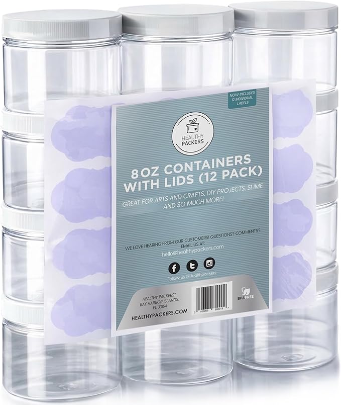 Healthy Packers Slime Containers with Water-tight Lids (8 oz, 12 Pack) - Clear Plastic Food Storage Jars with Individual Labels- Great for your slime kit - BPA Free