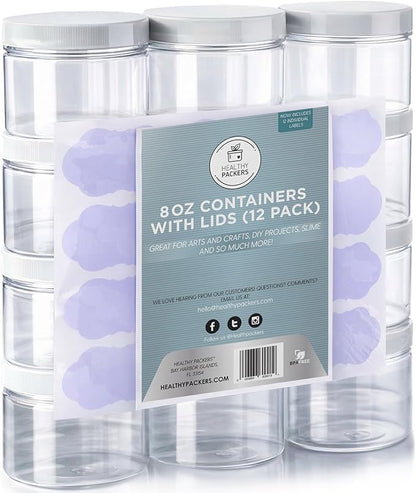 Healthy Packers Slime Containers with Water-tight Lids (8 oz, 12 Pack) - Clear Plastic Food Storage Jars with Individual Labels- Great for your slime kit - BPA Free