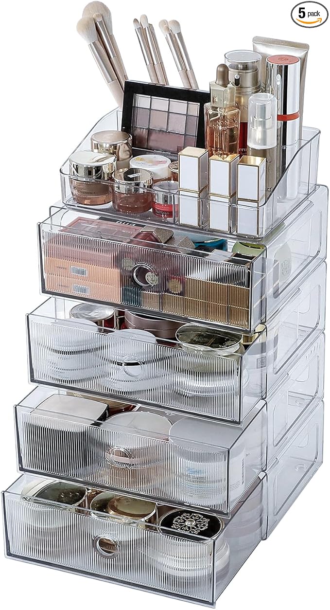 5-Tiers Makeup Organizer with Drawer for Vanity, Stackable Bathroom Storage Box for Beauty Essentials, Skincare Products, Cosmetic Brushes, Perfume Stand, Clear Lipsticks Holder