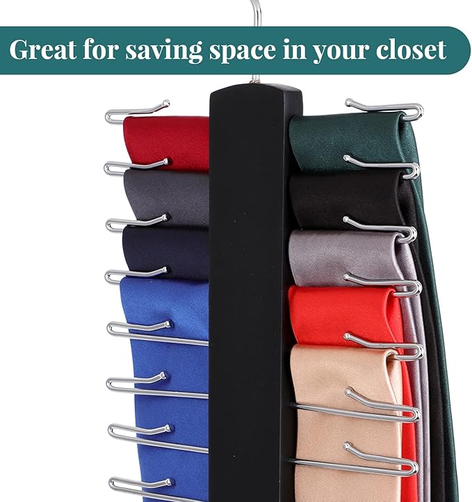 Sawysine 2 Pack Wooden Tie Rack Tie Hangers for Men 24 Hooks Tie and Belt Hangers 360 Degree Swivel Tie Organizer Closet Ties Belts Scarf Accessories (Black)