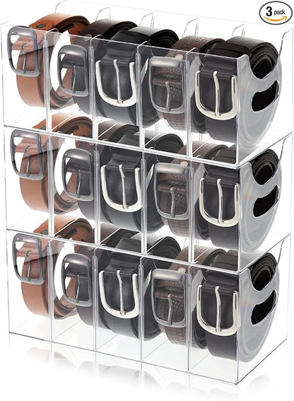 3 Pack Acrylic Belt Organizer Clear Stackable Belt Storage Holder Purse Organizer for Closet - 5 Compartments with Removable Dividers,Display Case Pantry Cabinet Organizers for Ties,Socks,Underwear