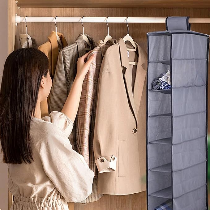 Hanging Shoe Organizer 10 Section Grey Nonwovens Hanging Shoe Rack Burly and Handy, Easy Fold Closet Shoe Organizer for Organizing Bedrooms, Closets, Laundry Room, Play Room
