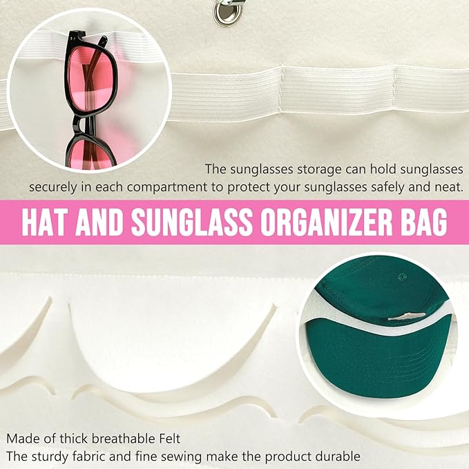 hatisan Hat Organizer Double Layers, Hat Rack for Baseball Caps Sunglasses or Other Accessories 24 Pockets Hat Rack for Wall Door with 3 Hooks and 9 Holders (Beige)