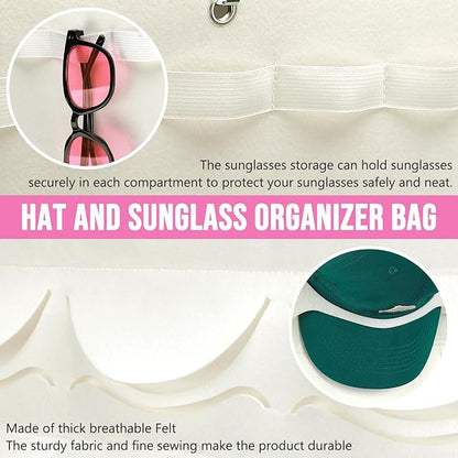hatisan Hat Organizer Double Layers, Hat Rack for Baseball Caps Sunglasses or Other Accessories 24 Pockets Hat Rack for Wall Door with 3 Hooks and 9 Holders (Beige)